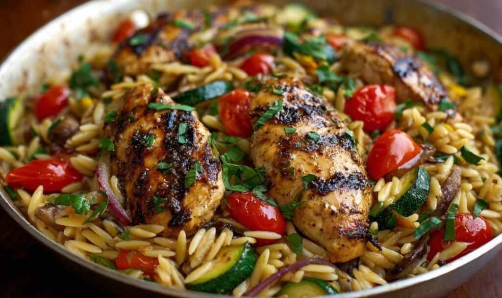 Easy balsamic chicken and veggie orzo in skillet with golden chicken and colorful vegetables