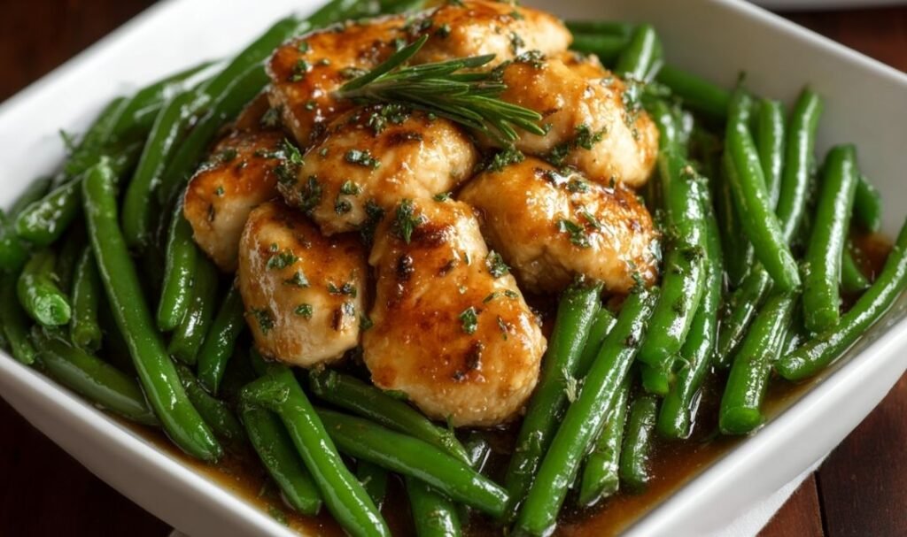 Chicken breast and green beans in honey soy sauce in a skillet with glossy glaze