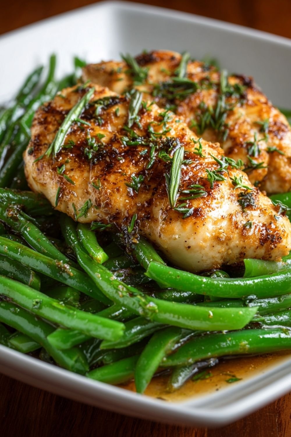 Chicken breast and green beans in honey soy sauce in a skillet with glossy glaze