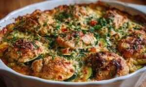 Easy chicken zucchini bake in baking dish with golden chicken and tender zucchini garnished with herbs