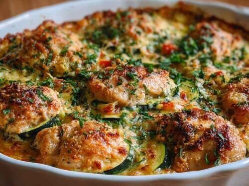 Easy chicken zucchini bake in baking dish with golden chicken and tender zucchini garnished with herbs