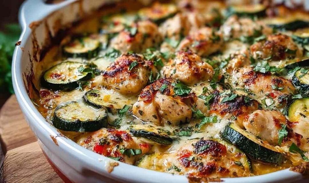 Easy chicken zucchini bake in baking dish with golden chicken and tender zucchini garnished with herbs