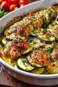 Easy chicken zucchini bake in baking dish with golden chicken and tender zucchini garnished with herbs