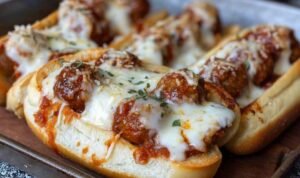 Easy weeknight chicken meatball subs on a baking sheet with bubbling mozzarella and marinara sauce fresh from the broiler