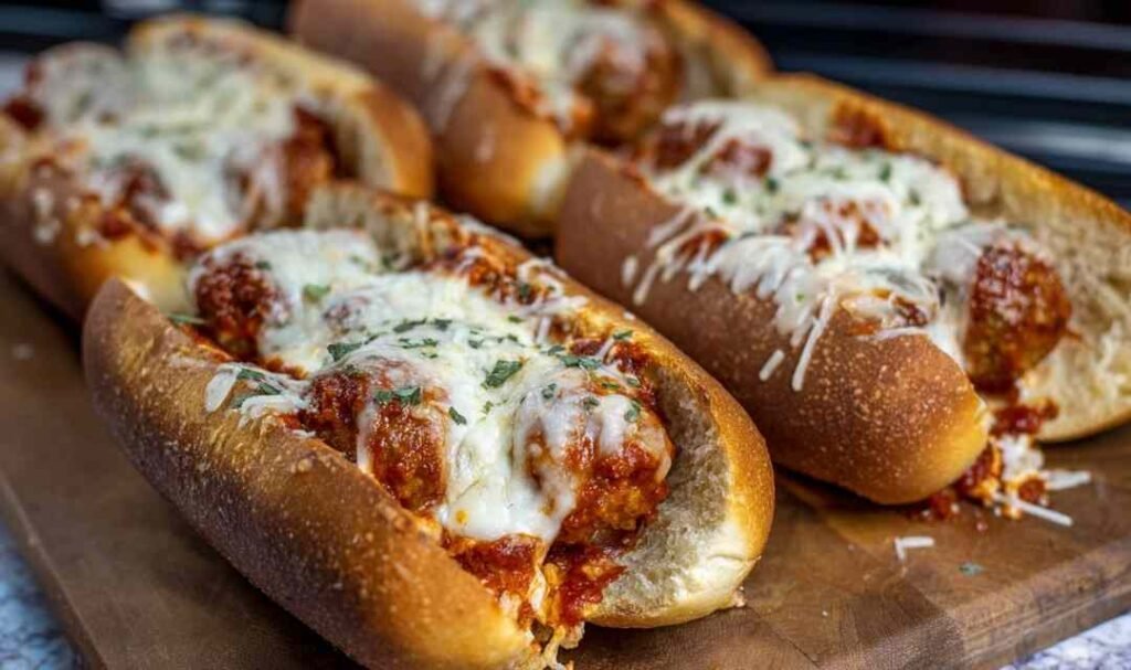 Easy weeknight chicken meatball subs on a baking sheet with bubbling mozzarella and marinara sauce fresh from the broiler