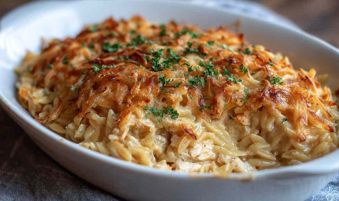 French Onion Chicken Orzo Casserole