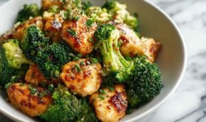 Garlic butter chicken broccoli in a skillet with golden chicken bites, crisp broccoli, and a glossy garlic butter sauce