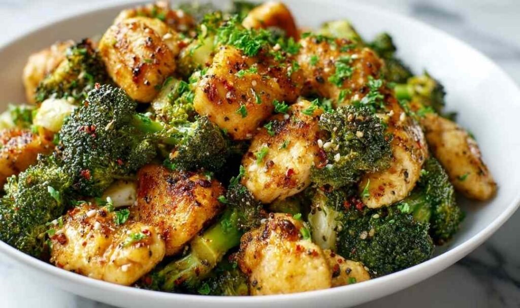 Garlic butter chicken broccoli in a skillet with golden chicken bites, crisp broccoli, and a glossy garlic butter sauce