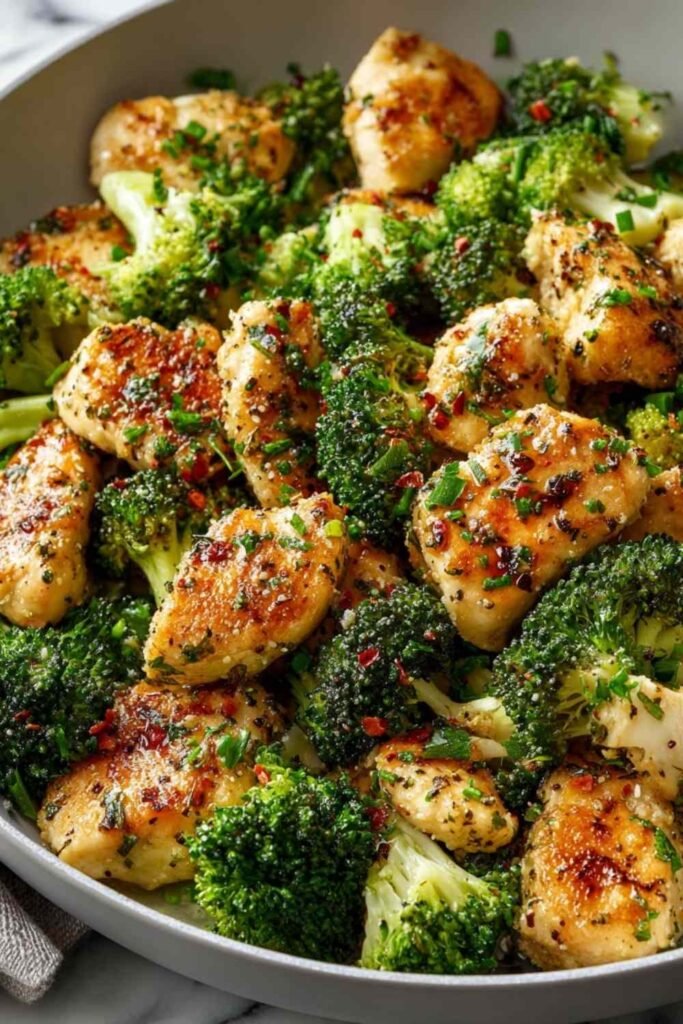 Garlic butter chicken broccoli in a skillet with golden chicken bites, crisp broccoli, and a glossy garlic butter sauce