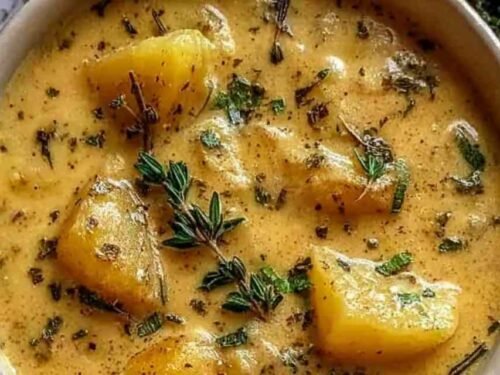 A bowl of Hearty Cheddar Garlic Herb Potato Soup topped with shredded cheddar, crumbled bacon, and fresh chives