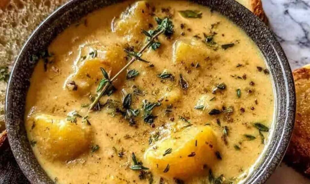 A bowl of Hearty Cheddar Garlic Herb Potato Soup topped with shredded cheddar, crumbled bacon, and fresh chives