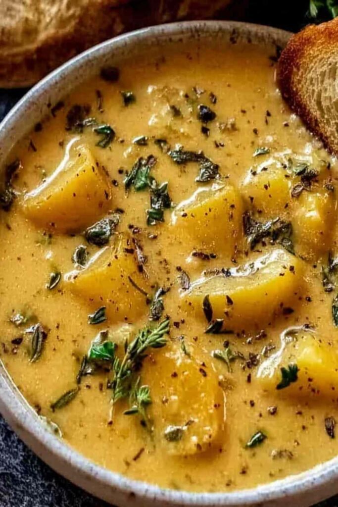 A bowl of Hearty Cheddar Garlic Herb Potato Soup topped with shredded cheddar, crumbled bacon, and fresh chives