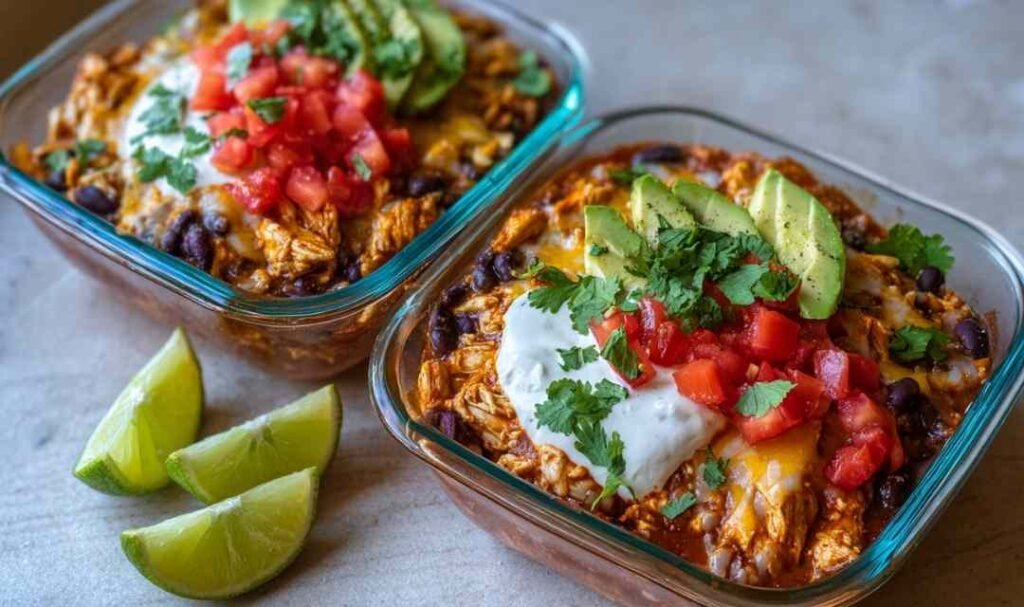 High-protein chicken cottage cheese enchilada bowl topped with avocado cilantro and cheese