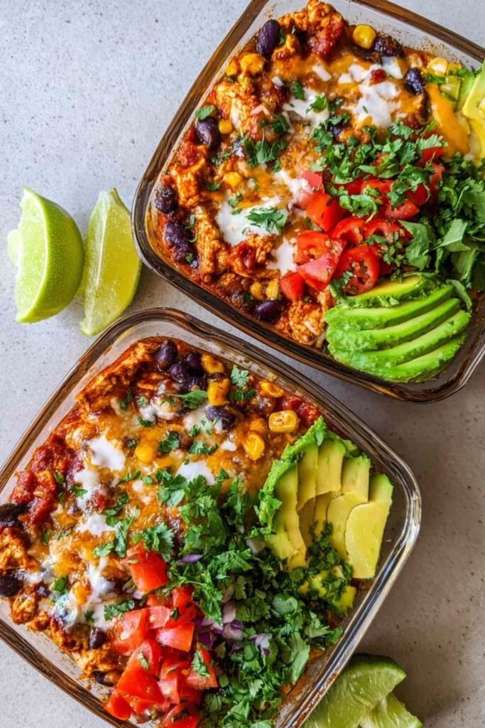 High-protein chicken cottage cheese enchilada bowl topped with avocado cilantro and cheese