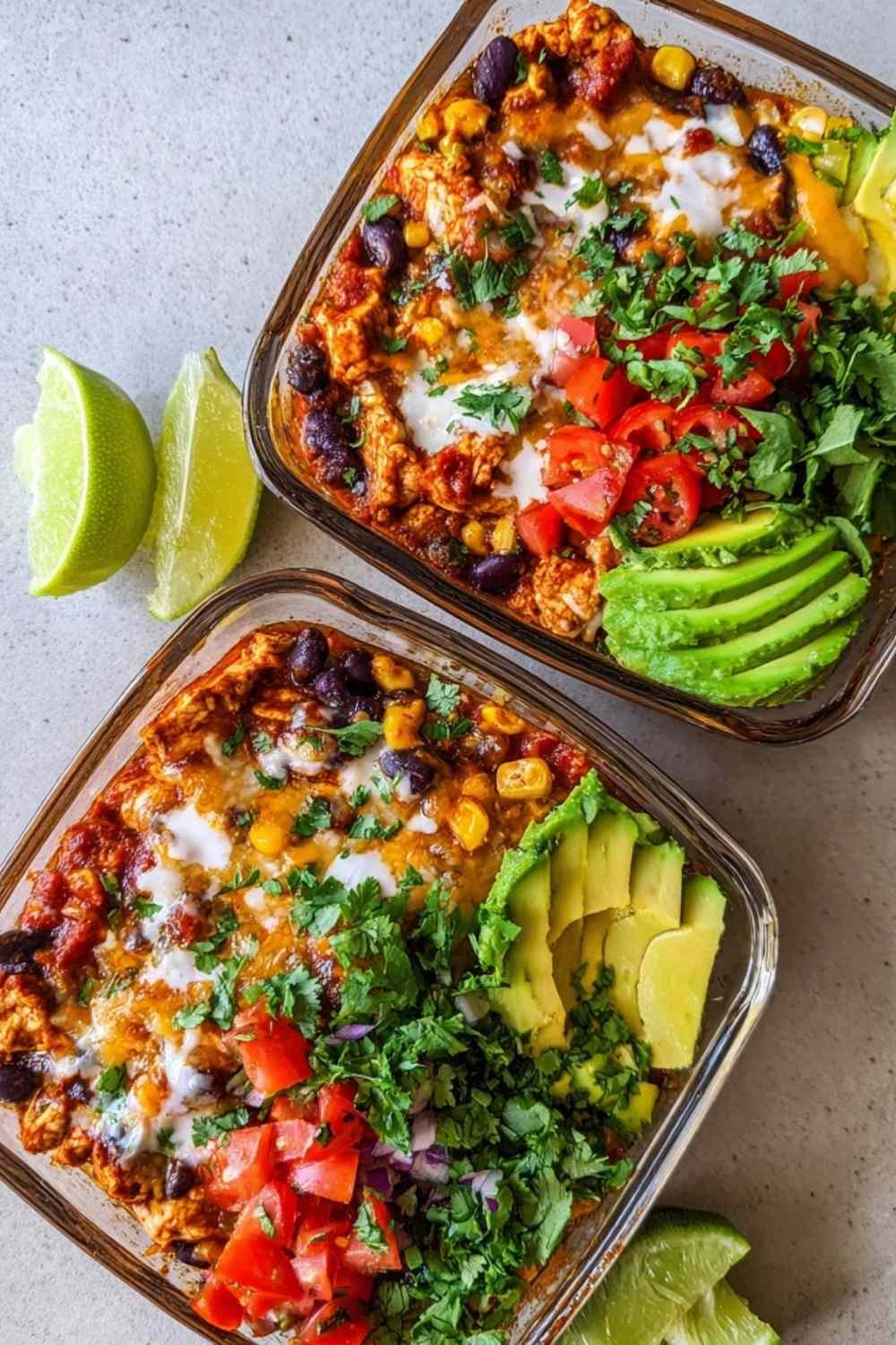 High-Protein Chicken Cottage Cheese Enchilada Bowls topped with avocado cilantro and cheese