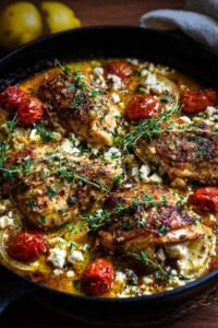hot honey feta chicken with golden bubbly feta cheese topping fresh from oven in baking dish