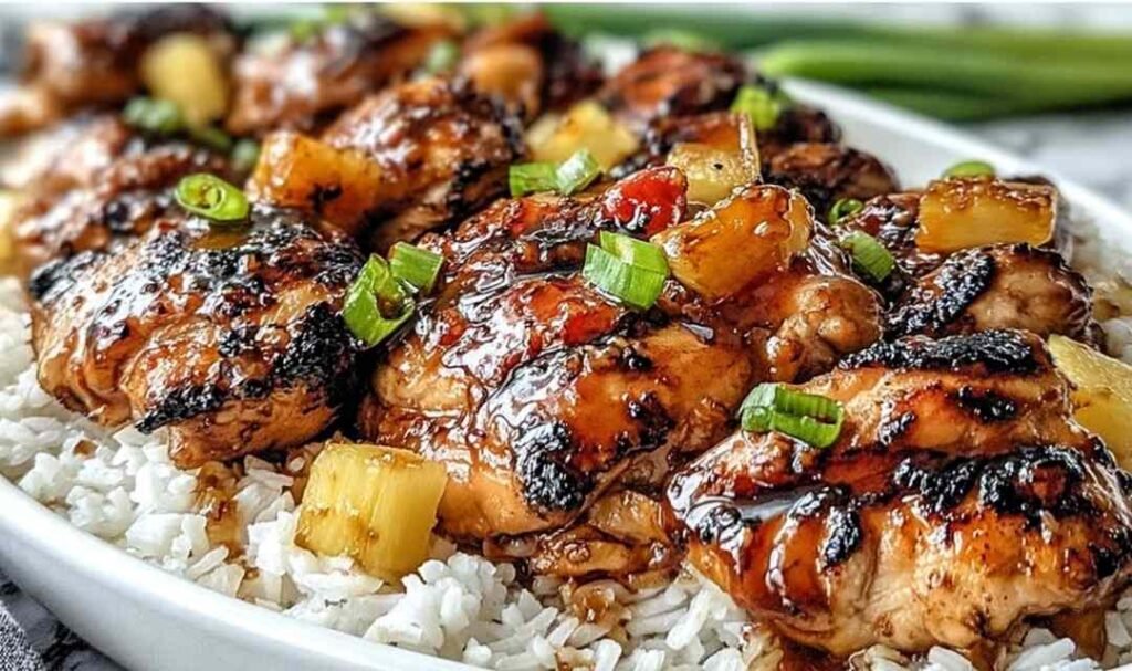 Huli Huli Chicken grilling with caramelized pineapple-soy glaze on a backyard grill