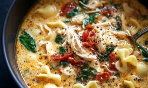Bowl of creamy Marry Me Chicken Soup with shell pasta, sun-dried tomatoes, and fresh basil garnish