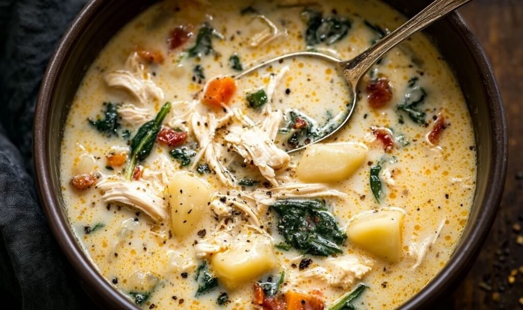 Bowl of creamy Marry Me Chicken Soup with shell pasta, sun-dried tomatoes, and fresh basil garnish