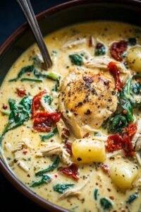 Bowl of creamy Marry Me Chicken Soup with shell pasta, sun-dried tomatoes, and fresh basil garnish