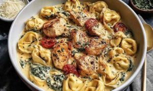 Plate of Creamy Smothered Chicken and Rice with chicken breast in rich cream sauce over fluffy rice