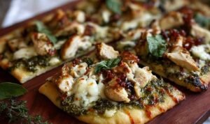 Golden baked pesto chicken flatbread with melted mozzarella cheese and cherry tomatoes fresh from the oven.