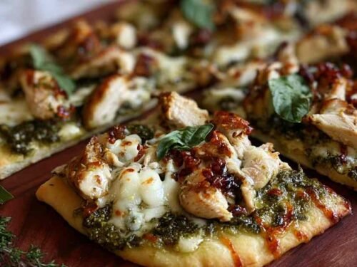 Golden baked pesto chicken flatbread with melted mozzarella cheese and cherry tomatoes fresh from the oven.