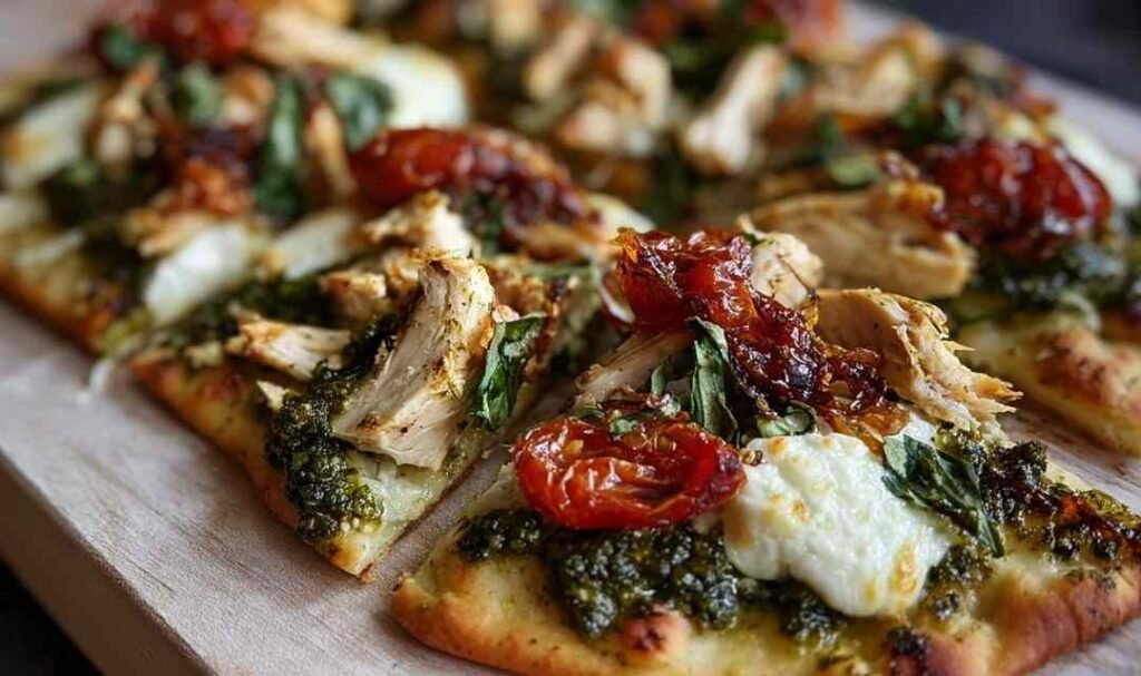 Golden baked pesto chicken flatbread with melted mozzarella cheese and cherry tomatoes fresh from the oven.