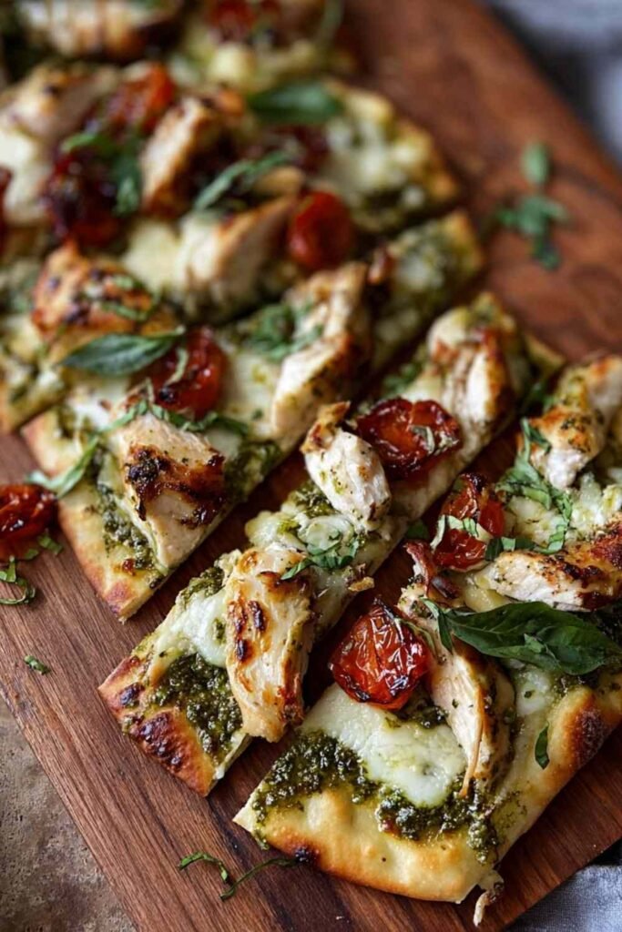 Golden baked pesto chicken flatbread with melted mozzarella cheese and cherry tomatoes fresh from the oven.