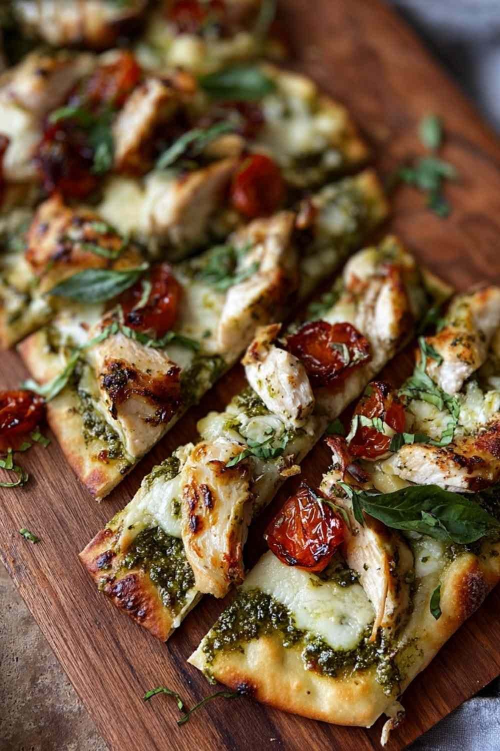 Golden baked pesto chicken flatbread with melted mozzarella cheese and cherry tomatoes fresh from the oven.