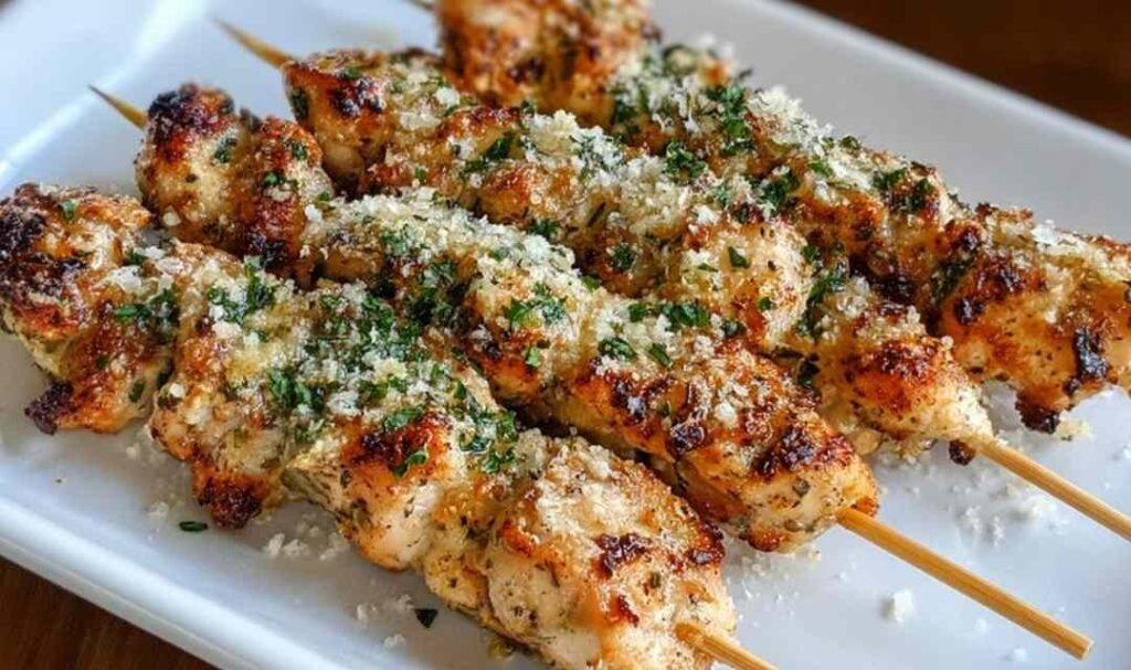 Ranch garlic parmesan chicken skewers on white plate with grill marks and fresh parsley garnish