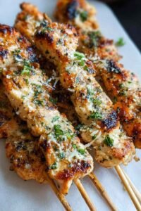 Ranch garlic parmesan chicken skewers on white plate with grill marks and fresh parsley garnish