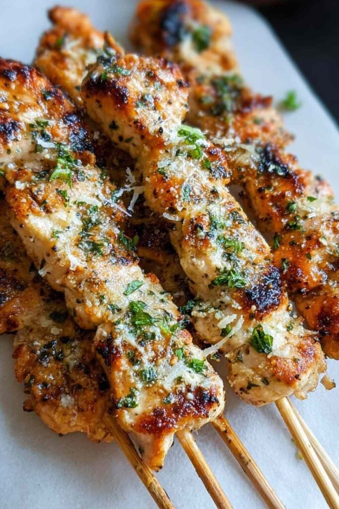 Ranch garlic parmesan chicken skewers on white plate with grill marks and fresh parsley garnish