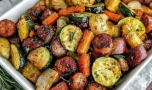 Sheet Pan Sausage and Veggies Sheet pan sausage and veggies with roasted bell peppers, broccoli, zucchini, and baby potatoes on a large baking sheet