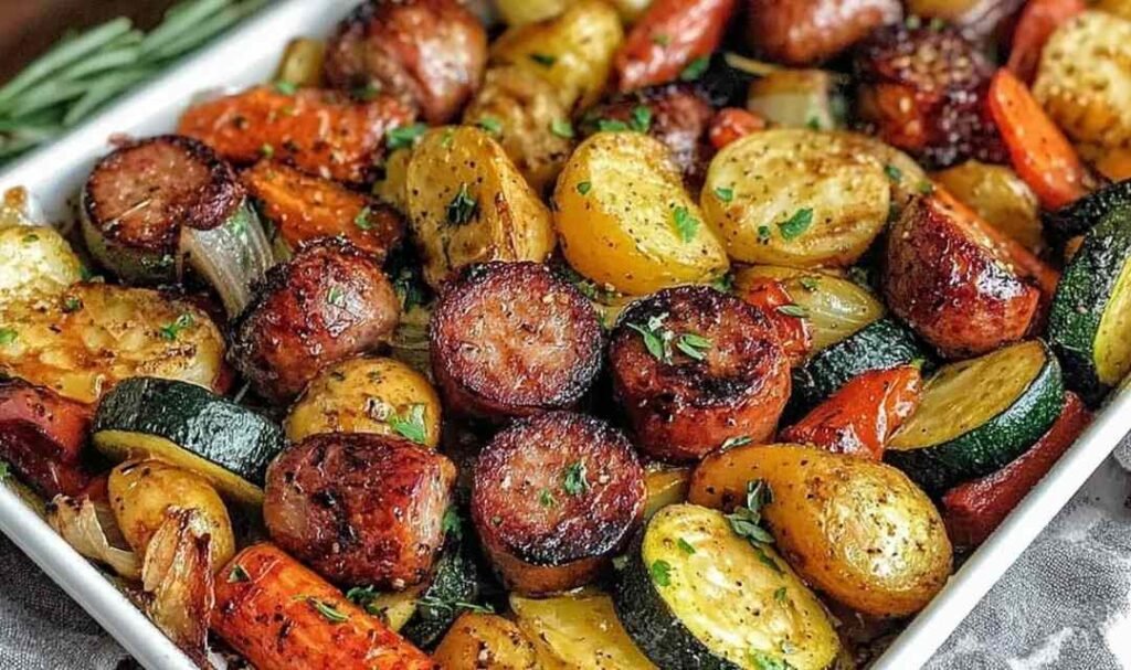 Sheet pan sausage and veggies with roasted bell peppers, broccoli, zucchini, and baby potatoes on a large baking sheet
