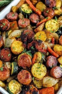 Sheet pan sausage and veggies with roasted bell peppers, broccoli, zucchini, and baby potatoes on a large baking sheet