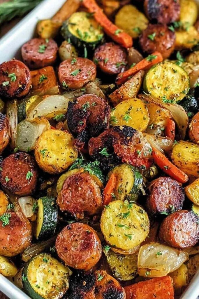 Sheet pan sausage and veggies with roasted bell peppers, broccoli, zucchini, and baby potatoes on a large baking sheet