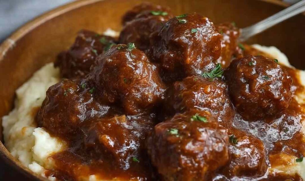 Slow Cooker Salisbury Chicken Meatballs in a crockpot with thick savory onion-brown gravy and fresh parsley garnish