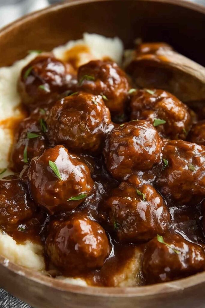Slow Cooker Salisbury Chicken Meatballs in a crockpot with thick savory onion-brown gravy and fresh parsley garnish