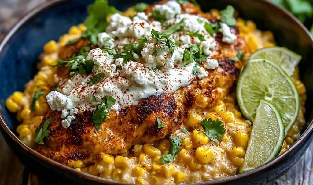 Bowl of Slow Cooker Street Corn Chicken with corn, cotija cheese, and fresh cilantro garnish