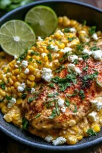 Bowl of Slow Cooker Street Corn Chicken with corn, cotija cheese, and fresh cilantro garnish