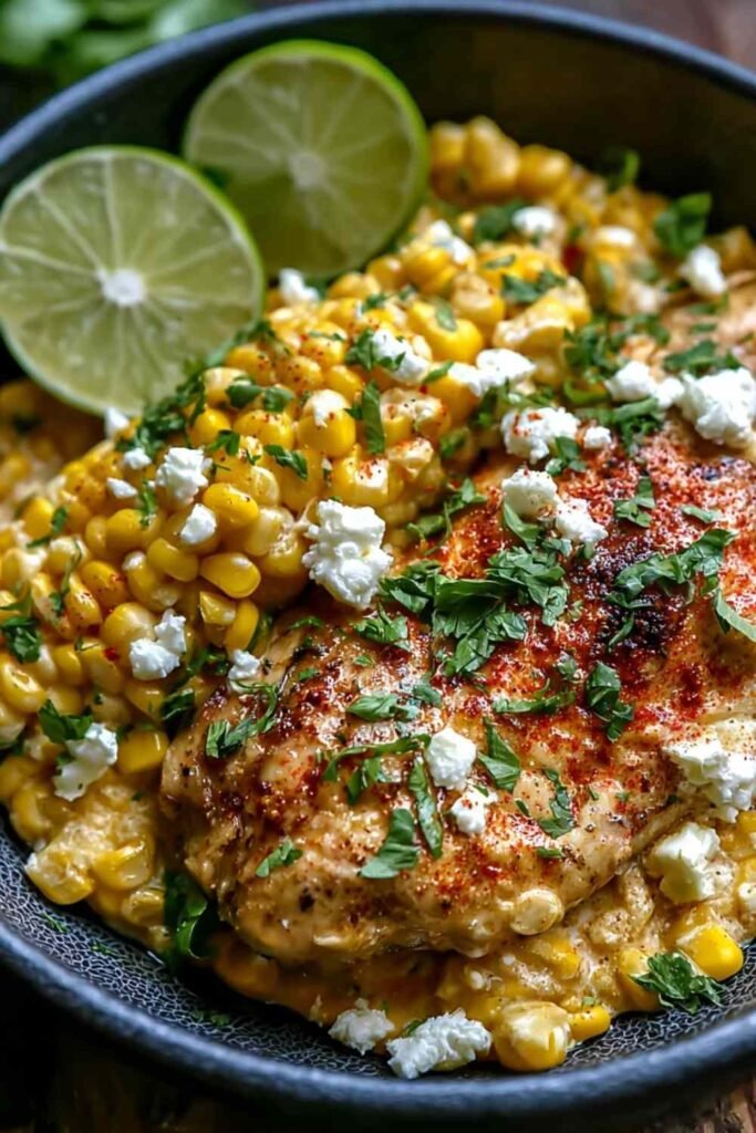 Bowl of Slow Cooker Street Corn Chicken with corn, cotija cheese, and fresh cilantro garnish