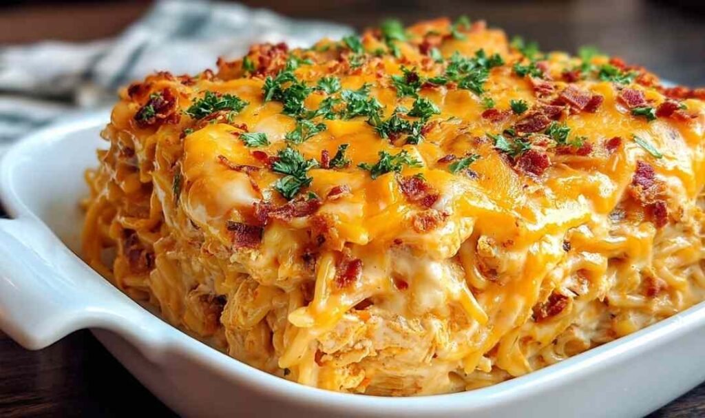 Spicy Southern Cheesy Chicken Spaghetti Casserole with melted cheese and green onions served on white plate
