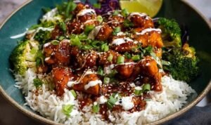 sticky chicken bowls with glazed chicken rice broccoli and spicy mayo drizzle topped with sesame seeds