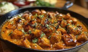 Texas Roadhouse Butter Chicken Skillet with honey butter sauce and smoked paprika in a skillet garnished with fresh parsley