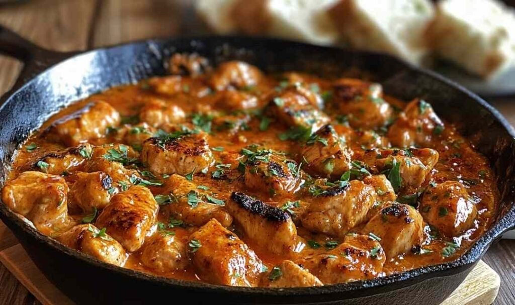 Texas Roadhouse Butter Chicken Skillet with honey butter sauce and smoked paprika in a skillet garnished with fresh parsley