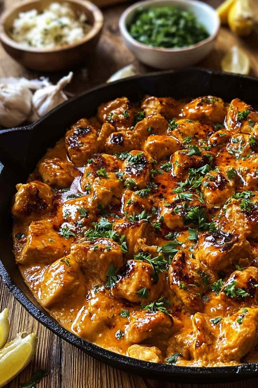Texas Roadhouse Butter Chicken Skillet with honey butter sauce and smoked paprika in a skillet garnished with fresh parsley