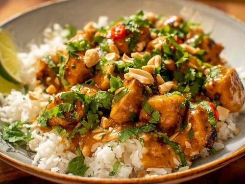 Thai peanut chicken pieces coated in creamy sauce in a large skillet ready to serve