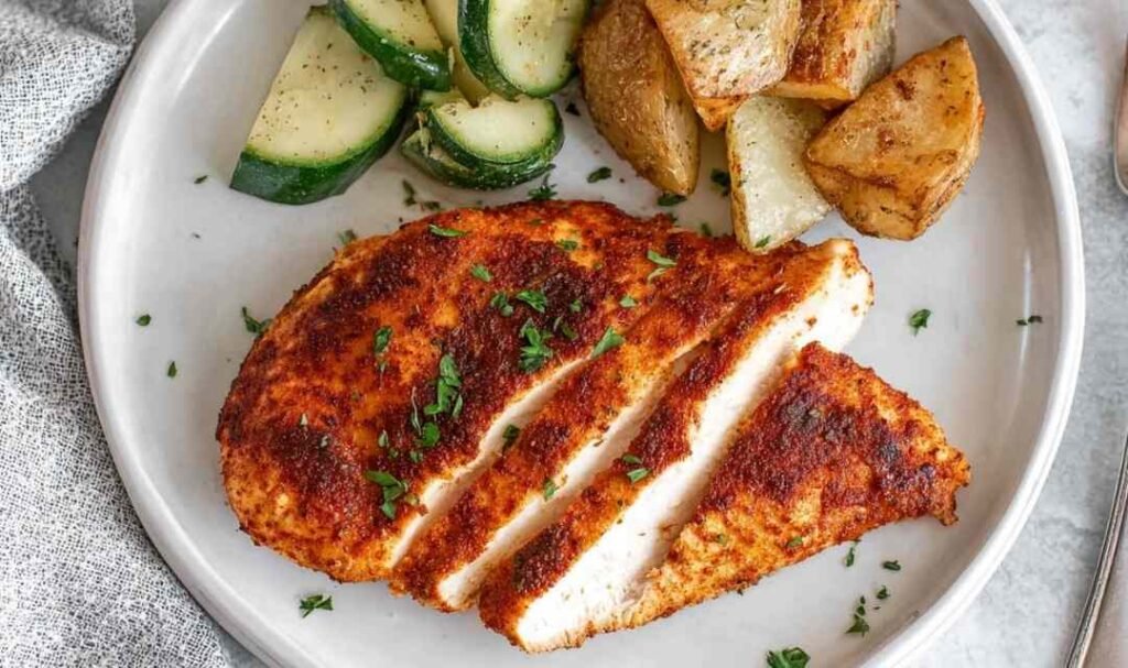 Juicy sliced air fryer chicken breast on a white plate with a golden spice crust