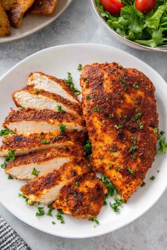 Juicy sliced air fryer chicken breast on a white plate with a golden spice crust